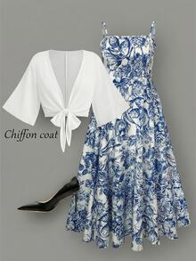 Rometta Plus Size Women's Elegant Chiffon Jacket & Floral Print Cami Dress 2-Piece Set, Suitable For Back To School, Graduation, Dating, Party, Wedding, Outing And More Occasions - Blue and White - View 11