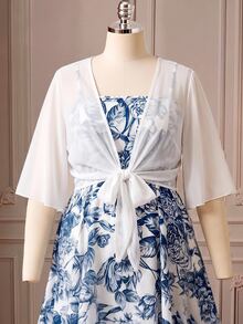Rometta Plus Size Women's Elegant Chiffon Jacket & Floral Print Cami Dress 2-Piece Set, Suitable For Back To School, Graduation, Dating, Party, Wedding, Outing And More Occasions - Blue and White - View 10