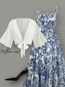 Rometta Plus Size Women's Elegant Chiffon Jacket & Floral Print Cami Dress 2-Piece Set, Suitable For Back To School, Graduation, Dating, Party, Wedding, Outing And More Occasions - Blue and White - View 2