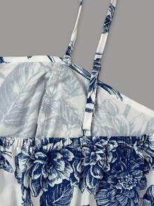 Rometta Plus Size Women's Elegant Chiffon Jacket & Floral Print Cami Dress 2-Piece Set, Suitable For Back To School, Graduation, Dating, Party, Wedding, Outing And More Occasions - Blue and White - View 4