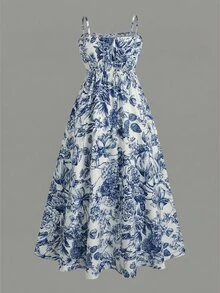 Rometta Plus Size Women's Elegant Chiffon Jacket & Floral Print Cami Dress 2-Piece Set, Suitable For Back To School, Graduation, Dating, Party, Wedding, Outing And More Occasions - Blue and White - View 8
