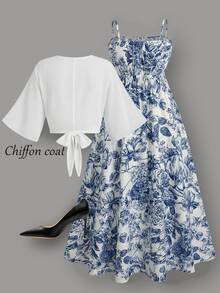 Rometta Plus Size Women's Elegant Chiffon Jacket & Floral Print Cami Dress 2-Piece Set, Suitable For Back To School, Graduation, Dating, Party, Wedding, Outing And More Occasions - Blue and White - View 9