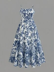 Rometta Plus Size Women's Elegant Chiffon Jacket & Floral Print Cami Dress 2-Piece Set, Suitable For Back To School, Graduation, Dating, Party, Wedding, Outing And More Occasions - Blue and White - View 7