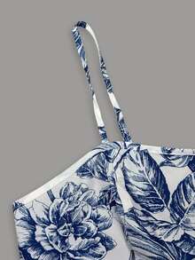 Rometta Plus Size Women's Elegant Chiffon Jacket & Floral Print Cami Dress 2-Piece Set, Suitable For Back To School, Graduation, Dating, Party, Wedding, Outing And More Occasions - Blue and White - View 5