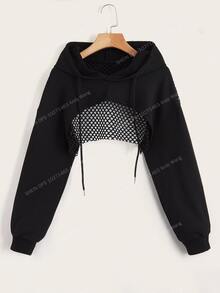 Powerista Drop Shoulder Drawstring Hollow Out Super Crop Sports Sweatshirt Without Cami Top Cropped Sweatshirt - Black - View 1