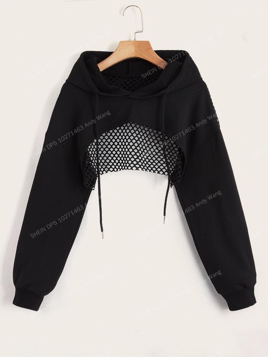 Powerista Drop Shoulder Drawstring Hollow Out Super Crop Sports Sweatshirt Without Cami Top Cropped Sweatshirt - Black - View 1