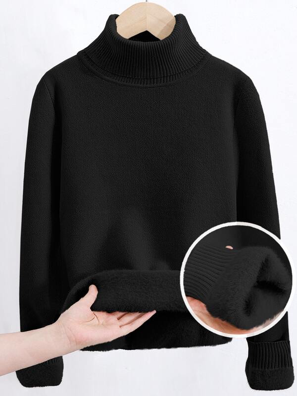 SHEIN Kids Tween Boys Casual Collegiate Vintage Style Soft Comfortable Fleece Lined Thick High Neck Black Sweater, Suitable For Fall/Winter, School, Family Gatherings, Back To School, Sports, FallOutfit, WinterOutfit, Birthday Party
