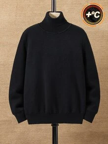 SHEIN 兒童青少年男孩休閒學院風復古款柔軟舒適抓絨內裡加厚高領黑色毛衣，適合秋冬、學校、家庭聚會、開學季、運動、秋季穿搭、冬季穿搭、生日派對 - 黑色 - 查看 3