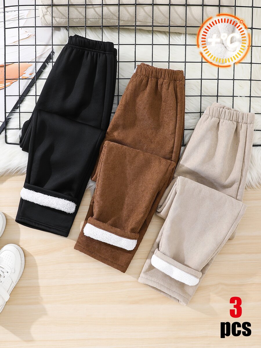 SHEIN 3件組買2送1兒童青少年男孩休閒百搭保暖內裡厚燈芯絨長褲，百搭下身褲，適合秋冬、學校、家庭聚會、運動，秋季穿搭，冬季穿搭