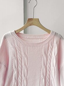 SHEIN 青少年女孩秋冬休閒百搭奶油多巴胺粉針織提花套頭毛衣，休閒街頭風返校穿搭 - 粉色 - 查看 8