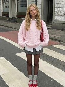 SHEIN 青少年女孩秋冬休閒百搭奶油多巴胺粉針織提花套頭毛衣，休閒街頭風返校穿搭 - 粉色 - 查看 5
