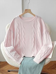 SHEIN 青少年女孩秋冬休閒百搭奶油多巴胺粉針織提花套頭毛衣，休閒街頭風返校穿搭 - 粉色 - 查看 6