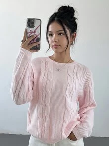 SHEIN 青少年女孩秋冬休閒百搭奶油多巴胺粉針織提花套頭毛衣，休閒街頭風返校穿搭 - 粉色 - 查看 10