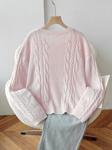 SHEIN 青少年女孩秋冬休閒百搭奶油多巴胺粉針織提花套頭毛衣，休閒街頭風返校穿搭 - 粉色 - 查看 7