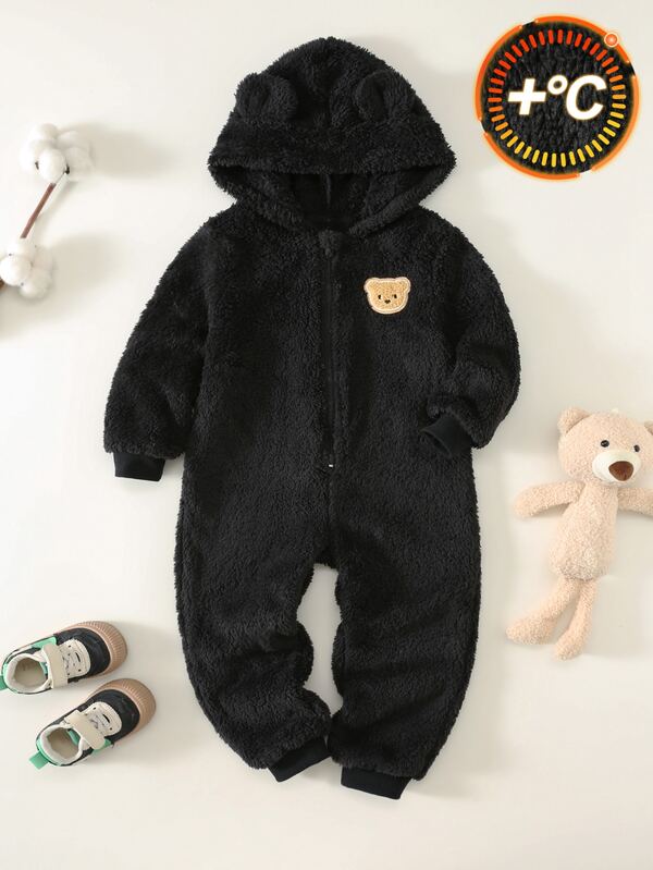 SHEIN Kids Young Boy Casual Cute Bear Embroidery Pattern Cartoon Hat Style Plush Long Sleeve Long Pants Woven Jumpsuit Suitable For School, Garden, Birthday, Fall, Winter Seasons