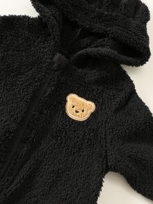 SHEIN 兒童小男孩休閒可愛熊刺繡圖案卡通帽款毛絨長袖長褲梭織連身褲，適合學校、花園、生日，適用秋冬季節 - 黑色 - 查看 5