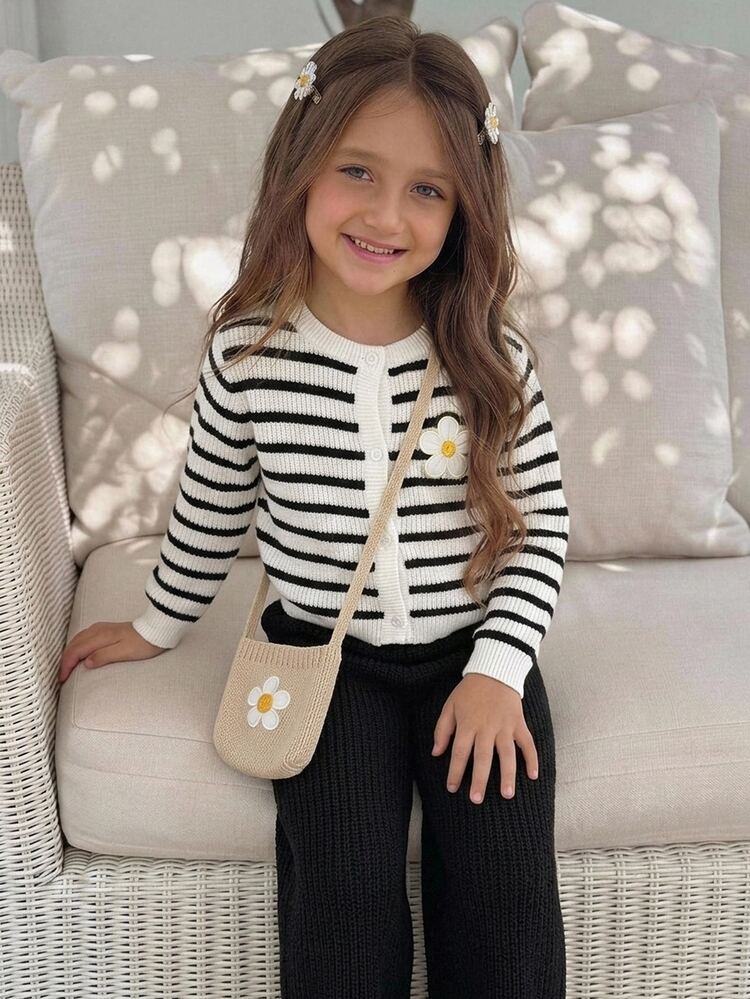 SHEIN Young Girl Knitted Round Young Girl Neck Striped 3D Floral Casual Sweater And Long Autumn Pants 2 Pieces Set - Multicolor - View 4