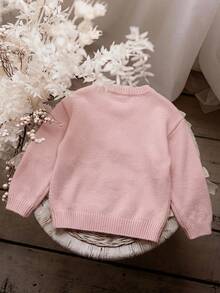SHEIN 女童素色針織圓領3D蝴蝶結休閒秋季毛衣 - 粉色 - 查看 3