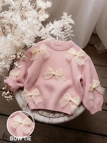SHEIN 女童素色針織圓領3D蝴蝶結休閒秋季毛衣 - 粉色 - 查看 1