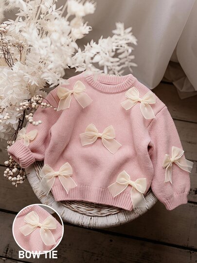 SHEIN Young Girl Young Girl Young Girl Young Girl Solid Color Young Girl Knit Round Neck 3D Bow Casual Autumn Sweater