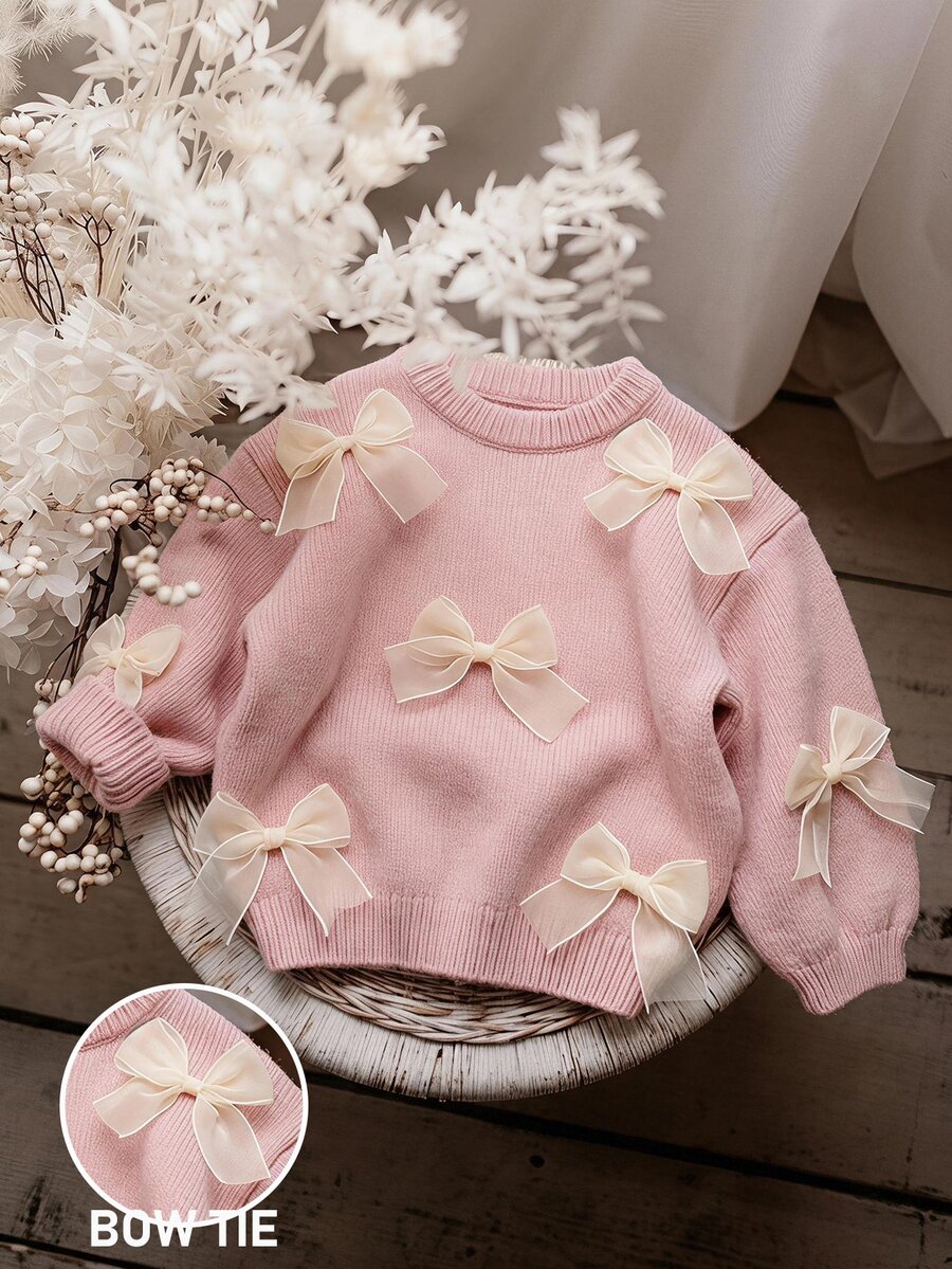 SHEIN 女童素色針織圓領3D蝴蝶結休閒秋季毛衣 - 粉色 - 查看 1