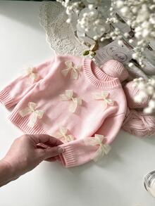 SHEIN 女童素色針織圓領3D蝴蝶結休閒秋季毛衣 - 粉色 - 查看 5