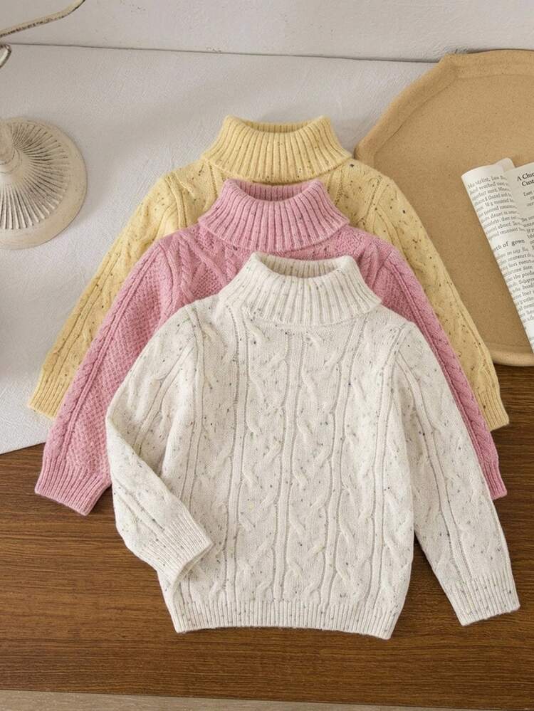 SHEIN Young Girl Knitted Stand Young Girl Collar Fitted Casual Autumn Sweater - Pink - View 3