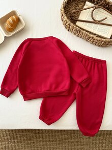 LMoss Kids Baby Boy Knitted Letter Pattern Crew Neck Casual Sweatshirt And Long Pants 2-Piece Set - Red - View 2