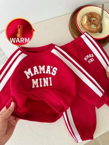 LMoss Kids Baby Boy Knitted Letter Pattern Crew Neck Casual Sweatshirt And Long Pants 2-Piece Set - Red - View 3