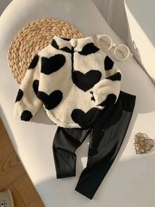 SHEIN 女嬰女童針織人造毛心形圖案拉鍊連帽衛衣與內搭褲2件套，適合秋冬休閒日常穿著 - 彩色 - 查看 1