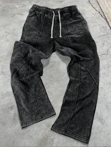 SHEIN 青少年男孩休閒街頭風破洞拼接黑色水洗運動長褲 - 黑色 - 查看 3