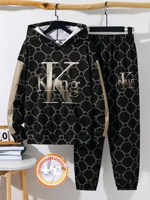 SHEIN 青少年男孩 2件組休閒連帽衛衣與運動長褲套裝，經典復古「King」圖案印花，開學季與秋冬適用 - 彩色 - 查看 2