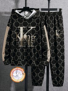 SHEIN 青少年男孩 2件組休閒連帽衛衣與運動長褲套裝，經典復古「King」圖案印花，開學季與秋冬適用 - 彩色 - 查看 4