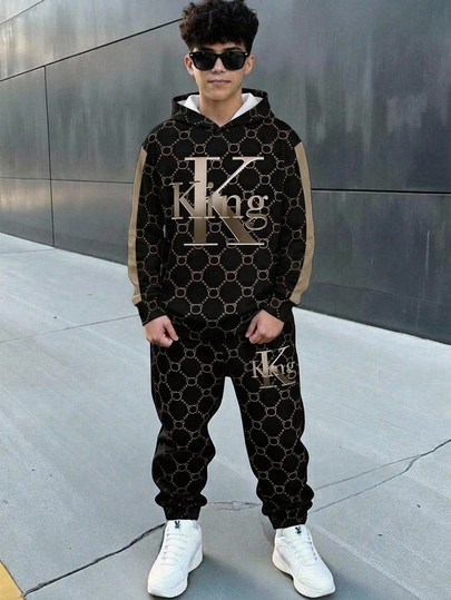 SHEIN Teen Boy 2pcs Teen Boys Casual Hooded Sweatshirt And Sweatpants Set, Classic Retro "King" Graphic Print Back-To-School Season And Fall/Winter