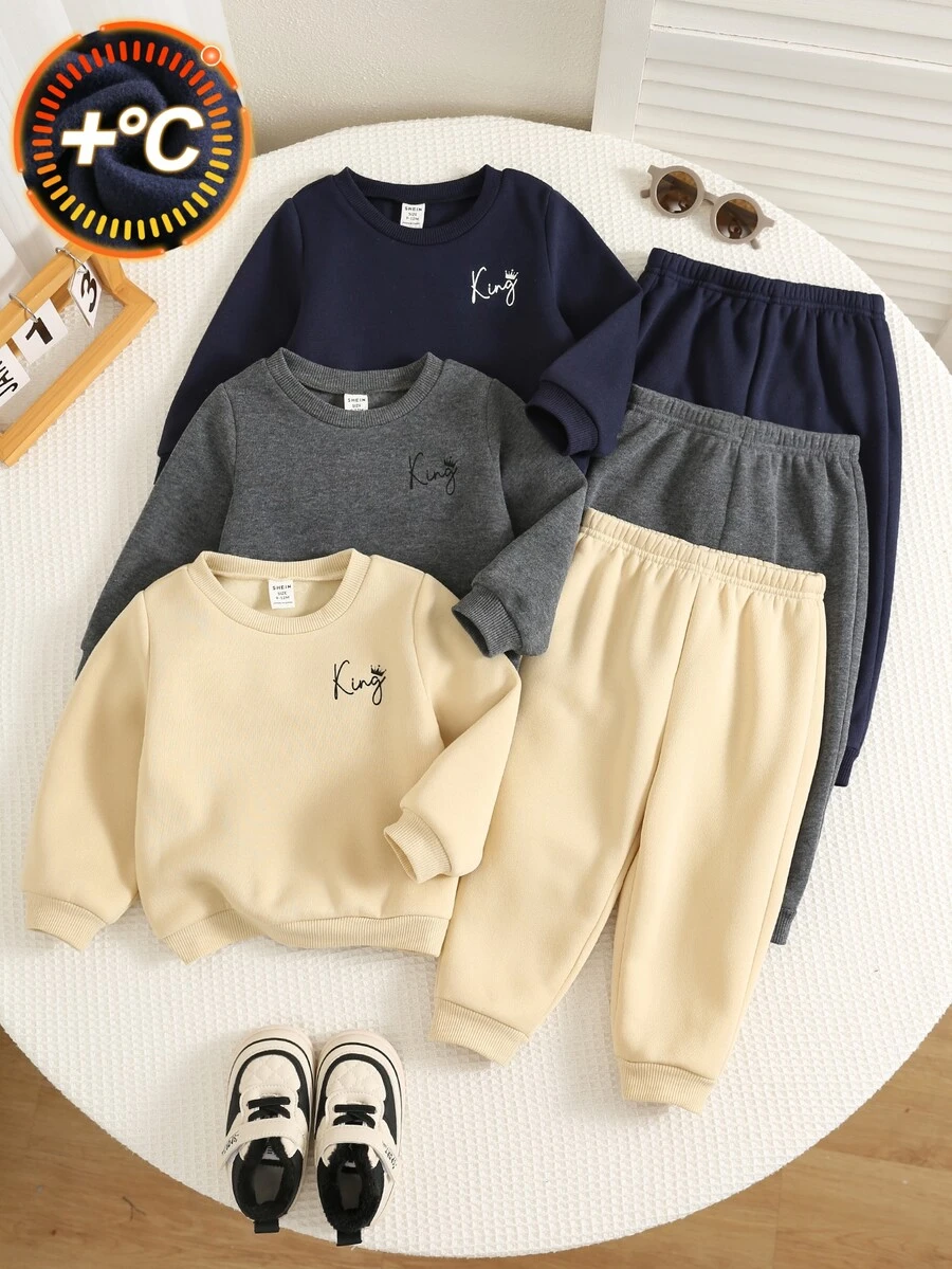 SHEIN 6pcs/Set Babyboy Autumn/Winter Cute Casual Knit Solid Color Letter Pattern Sweatshirt And Joggers Set, Basic Multi-Piece Sweatshirt And Sweatpants Set, Autumn/Winter Set - Multicolor - View 1