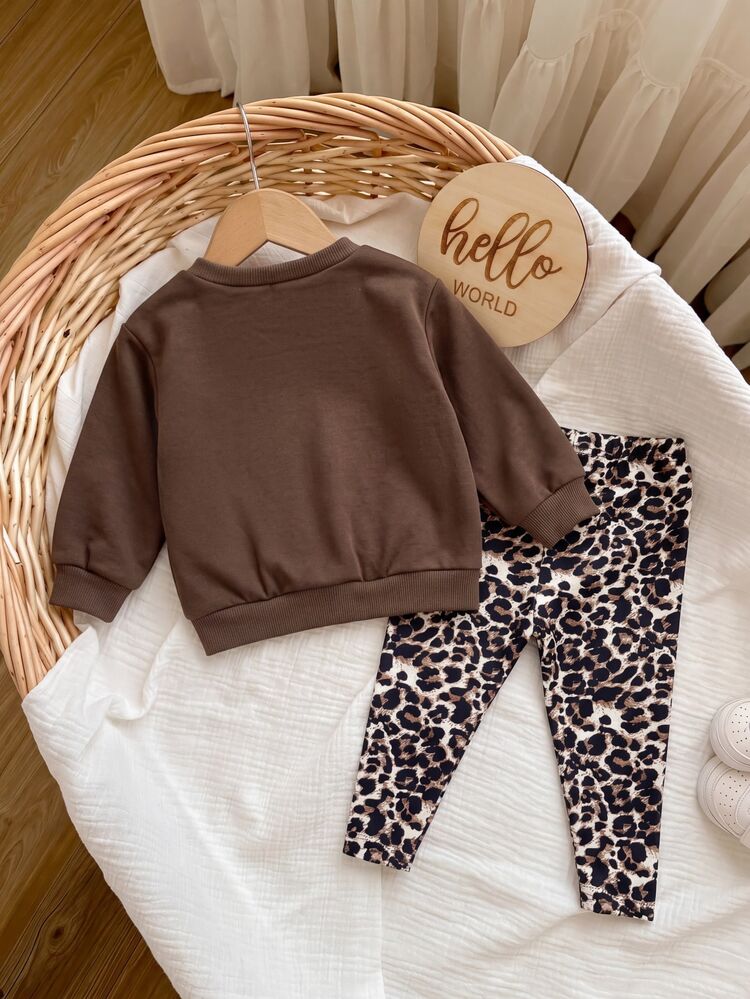 SHEIN Babygirl Cute Casual Bow Leopard Print Sweatshirt & Elastic Waist Long Pants Set - Brown - View 2