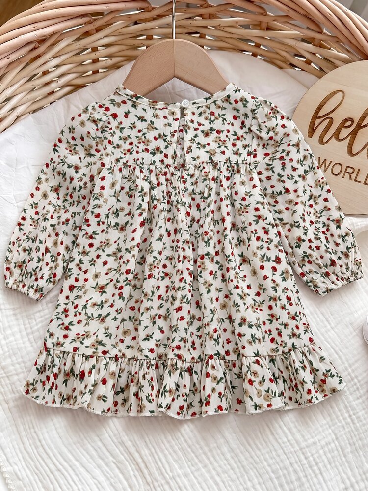 SHEIN Babygirl Floral Print Loose Long Sleeve Dress - Brown - View 2