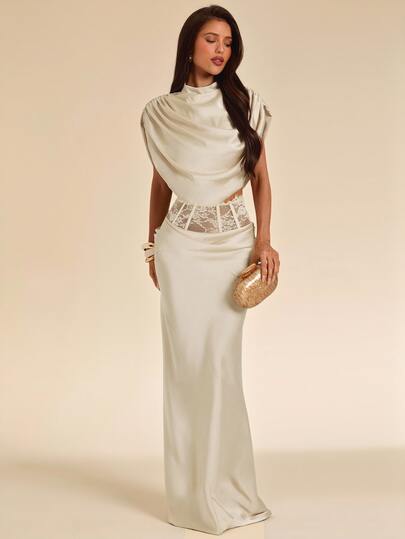 SHEIN BAE Champagne Satin Draped Cowl Neck Two Piece Maxi Set, Two Piece Set, Elegant Set, Gala, Cocktail, Formal, Holiday
