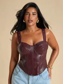 SHEIN BAE CURVE 大尺碼女款深紫色PU仿皮背心，束腰甜心領，萬聖節之夜外出穿搭，夏季性感優雅 - 酒紅色 - 查看 3