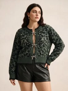 Anewsta كارديجان صوف محبوك فاخر بطراز عتيق للنساء، مزين بحجر الراين وطبعة نمر وفيونكة وإبزيم، باللون الأخضر، مقاس كبير، مناسب للخريف والشتاء، مناسب للتنقل والارتداء اليومي والخروج - أخضر - مشاهدة 3