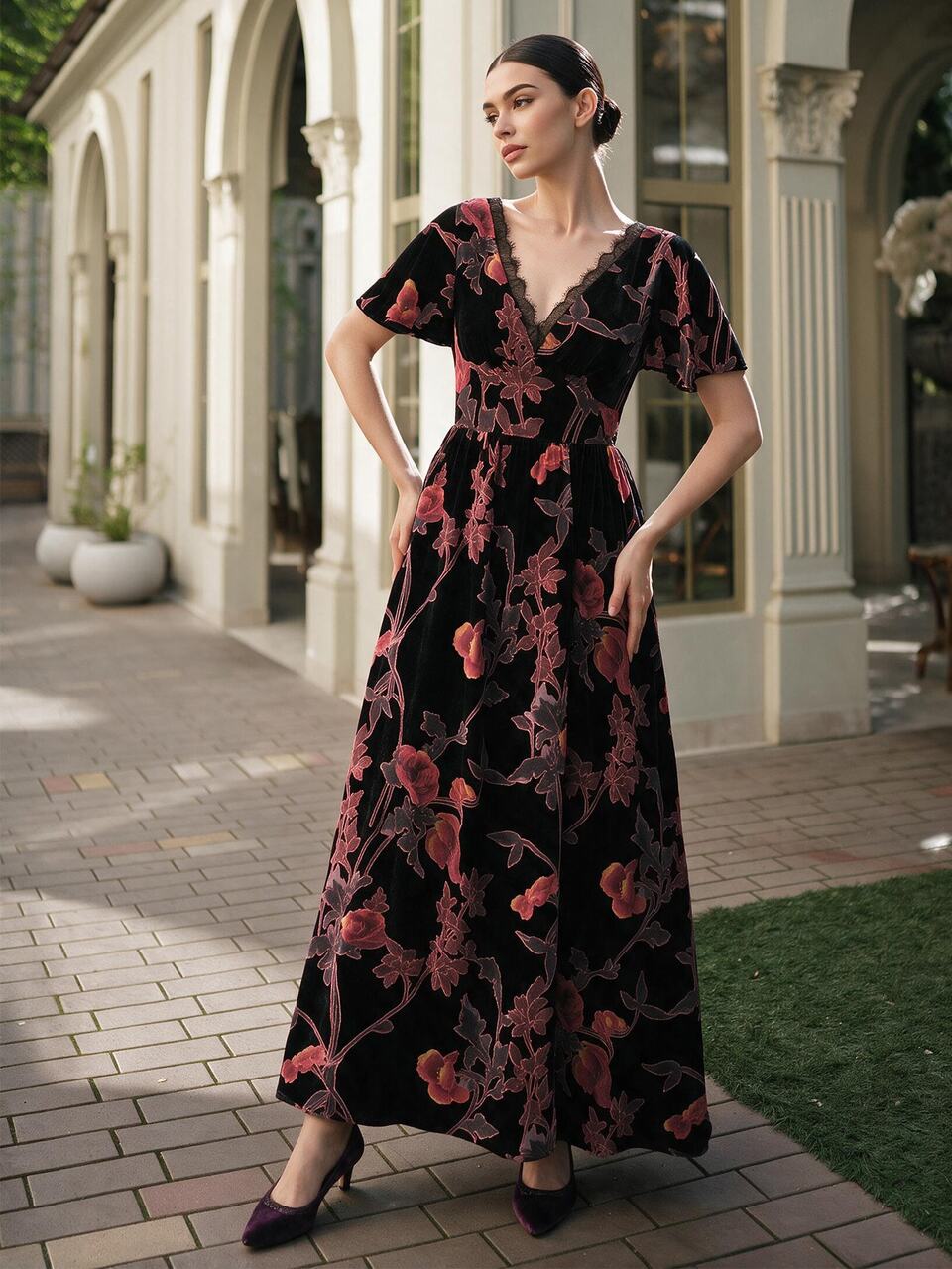 Anewsta Early Autumn New Vintage V-Neck Lace Trim Ruffle Short Sleeve Velvet Burnout Large Floral Fabric Cinched Waist Elegant Slimming A-Line Long Dress For Women