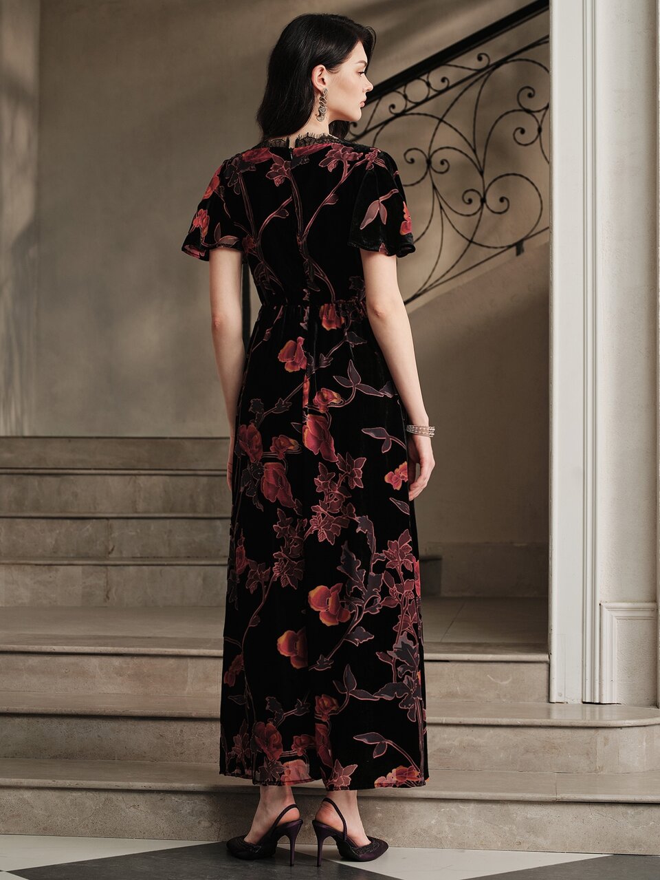 Anewsta Early Autumn New Vintage V-Neck Lace Trim Ruffle Short Sleeve Velvet Burnout Large Floral Fabric Cinched Waist Elegant Slimming A-Line Long Dress For Women