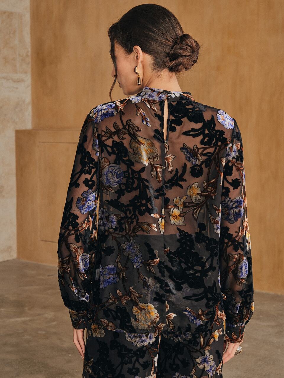 Anewsta 2026 Autumn Women's Vintage Velvet Burnout Print Round Neck Long Sleeve Blouse, Modern Elegant Holiday Commute Casual Top