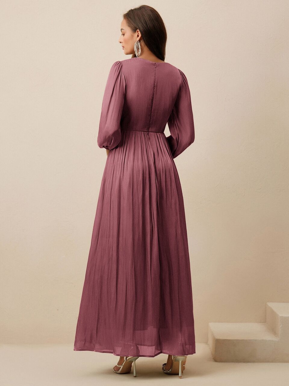 Anewsta Women's Long Dress, Round Neck, Waist Ruched, Puff Sleeve, Long Sleeve, Dusty Pink, Glossy, Elegant Versatile Dress Formal Autumn