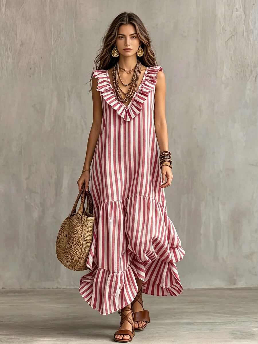 Glimmora Women's Striped Patchwork Pleated Ruffle Hem Casual Party Long Dress - Red - View 1