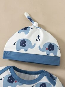 SHEIN 5pcs Newborn Baby Boy Romper Swaddle Set Cute White Blue Elephant Print Bow Long Sleeve Round Neck Lightweight Party Spring Baby Blue Cozy New Arrival - Blue - View 4