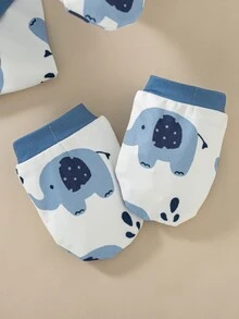 SHEIN 5pcs Newborn Baby Boy Romper Swaddle Set Cute White Blue Elephant Print Bow Long Sleeve Round Neck Lightweight Party Spring Baby Blue Cozy New Arrival - Blue - View 3
