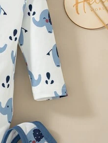 SHEIN 5pcs Newborn Baby Boy Romper Swaddle Set Cute White Blue Elephant Print Bow Long Sleeve Round Neck Lightweight Party Spring Baby Blue Cozy New Arrival - Blue - View 6
