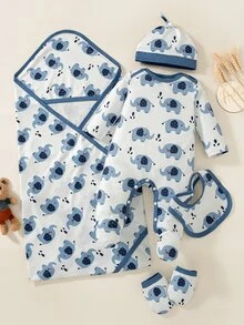 SHEIN 5pcs Newborn Baby Boy Romper Swaddle Set Cute White Blue Elephant Print Bow Long Sleeve Round Neck Lightweight Party Spring Baby Blue Cozy New Arrival - Blue - View 1