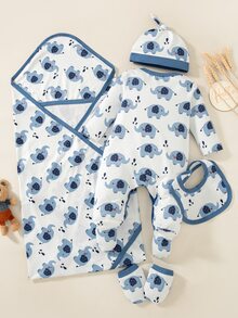 SHEIN 5pcs Newborn Baby Boy Romper Swaddle Set Cute White Blue Elephant Print Bow Long Sleeve Round Neck Lightweight Party Spring Baby Blue Cozy New Arrival - Blue - View 5